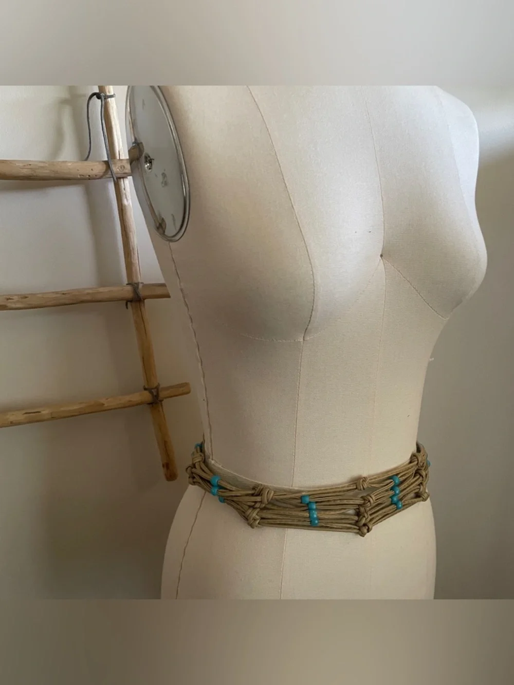 Vintage leather tie belt Handmade Natural Rope Waist Belt wTurquoise color Beads